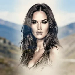 creative double exposure effect tattoo design sketch of megan fox faded in beautiful mountain scenery, realism tattoo, in the style of matteo pasqualin, amazing detail, sharp