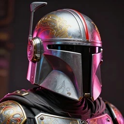 an artistic and realistic 8k sculpture of a Mandalorian helmet, bright neon color, steampunk, dramatic lighting, silver gold red details, filigree, intricate details, cinematic, elegant, micro detail, octane render, filmic, interesting camera angle, head and shoulders, 8k post-processing, intricate art by John Collier and Alphonse Mucha and Greg Rutkowski