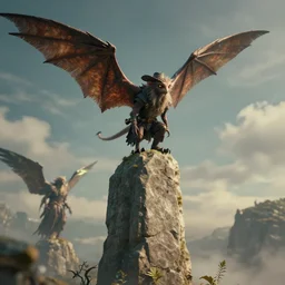 by dave melvin and nil gleyen, visually stunning, cinematic, ultra realistic, hyper realism, 1 2 k, epic, octane render, unreal engine, vfx, maya, a small winged creature lands on the very top of the monolith : strong dmt vibes, cowboy plague doctor : kitesail cleric, legion angel : applied biomancy