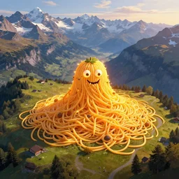 matte painting of beautiful mountain landscape in northern switzerland with giant spaghetti monster in the center, by albert whitlock, amazing details, beautiful composition, vibrant colors, bird eye view, luminescent, warm hue's