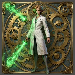 a full body character design by artgerm, cushart krenz, greg rutkowski and alphonse mucha. mad scientist woman lab coat!! green plasma laser!! symmetrical gear background, face sharp edges. ultra clear detailed. 8 k. ultra detailed, elegant, intricate, octane render.