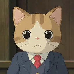 a highly detailed close up portait of a cute little anthropomorphic cat wearing a suit by studio ghibli, tiny, small, cute and adorable, pretty, beautiful, character art portrait, matte painting, Artstation