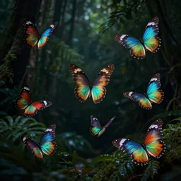 realistic photo of many beautiful colorful glowing butterfly flying in jungle, dark smooth background, very sharp focus, dark background, in the style of greg rutswoski, very hyper realistic, highly detailed, fantasy art station