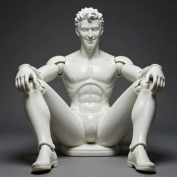 full-body portrait of a futuristic blanco ceramic Spanish prince grinning humanoid robot with a handsome face and muscular body reclining with las piernas abertas, macho, piroca, dotado, gostoso, guapo, matte surface, trending on cgsociety