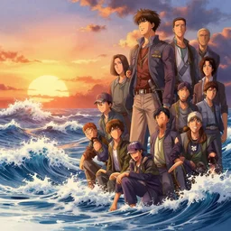 sunset waves by takehiko inoue and kim jung gi and hiroya oku by thomas kinkade and greg rutkowski and ilyaku, stanley artgerm lau, wlop, rossdraws, james jean, andrei riabovitchev, marc simonetti, yoshitaka amano, unreal engine, trending on artstation, photorealistic, octane, hyper detailed, trending on deviantart,