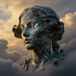 epic, abstract sculpture of beautiful female face and swirling marbling liquifying acrylic painting, clouds, golden hour, beautiful light, 3 d sculpture of carving marble, dark colors, dark mood, one point lightning