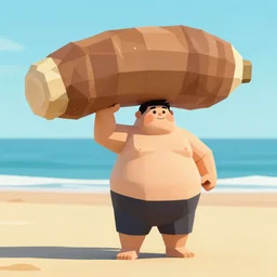 primitive, low polygon render of a fat man at the beach with a massive yam