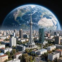 photo of Kyiv city as a rich space colony with planet Earth seen behind it, futuristic, realistic, modern, shot from space