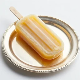 a luxurious golden popsicle served on a fine silver platter, professional photograph
