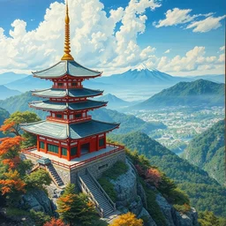 colourful japanese temple on a mountain, birds eye view, rule of thirds golden ratio, fake detail, trending pixiv fanbox, acrylic palette knife, in the style of android jones, 1 6 k, ultra detailed, ultra intricate, artstation -