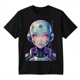 mockup of a black tshirt with a hyperdetailed portrait of a cyberpunk robot by hajime sorayama, 8 k, symetrical, flourescent colors, happy trippy mood, multicolored,