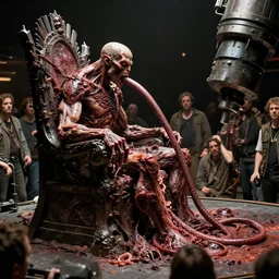 movie still of space baron brass grotesque sideview of throne pit he revels in necrotized flesh with massive whip tongue actions from the drilling turbine attendees virgil finlay, alberto bontempi, shigeru komatsuzaki, wayne d barlowe, alex ross, enric torres, simon bisley & boris vallejo, alex ross, enric torres, hyper realism,