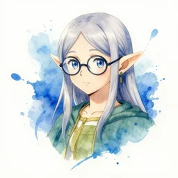anime illustration of an elf, watercolour, blue paint splash, girl with glasses, 4 k concept art, artstation