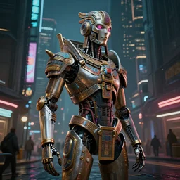 extremely detailed realistic digital art render of a ciberpunk mayan robot in a cyberpunk city by night by James Jean y craig mullins street view render in unreal engine, ArtStation, CGSociety