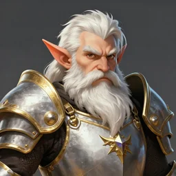 portrait, 40 years old man :: fantasy dwarf :: thick beard, brown eyes, short pure white hair :: full plate armor, golden decoration :: high detail, digital art, RPG, concept art, illustration