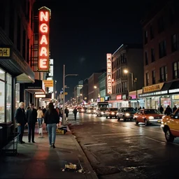 color street in america of commercial district at night, from 1 9 6 9, shot on kodak portra 8 0 0