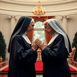 photorealistic 8 k image of ( ( putin ) ) and ( ( trump ) ) as nuns praying for god together in the white house, fully detailed