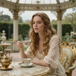 cinestill 5 0 d portrait of a dreamy beautiful woman britt marling 3 / 4 by roversi taking a tea sitting on a baroque table under a gazebo in a dystopian baroque garden, long hair, wearing lace, 5 0 mm lens, 8 k, elegant, highly detailed, pale gold matt, soft blur, artstation, sharp focus, head in focus, hiper realistic,