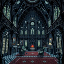 interior of a vampire's house in the style of kinetic pointillism, intricate hyper detailed, hd