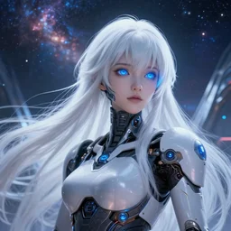 photo of a android girl on a mothership, warframe armor, beautiful face, scifi, nebula reflections, futuristic background, dreamy, long white hair, blue android eyes, glowing, 8 k high definition, insanely detailed, intricate, innocent, art by akihiko yoshida, antilous chao, li zixin, woo kim