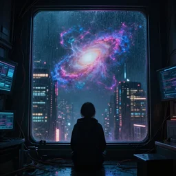 lonely cyber person made of cosmic nebula galaxy energy watching a rainy stormy colorful complex cyberpunk futuristic city from behind at night through a window in a room full of wires and screens, 8 k, photorealistic, wet, highly detailed, cinematic mood by ridley scott, ghost in the shell, rendered in octane,, trending on artstation, glowing lights, gloomy, epic composition