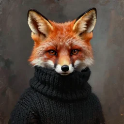 oil painting portrait of anthropomorphic female fox animal dressed in black knitted sweater, cloth over mouth, fox animal, oil painting, stare