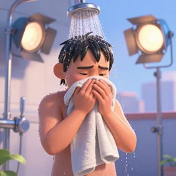 pixar, having a cold, bracing shower on a sunny morning, studio lighting, professional photography,