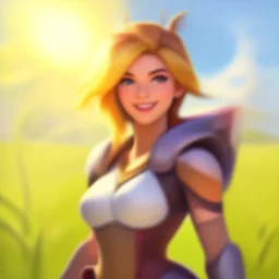 beautiful oil painting of tracer from the game overwatch in the style of charlie bowater, standing alone in grassy field, smiling while the sun shines down, feminine face, light rays, radiant quality, 4 k, brush strokes, anatomically accurate face, beautiful eyes, peaceful atmosphere, artstation, detailed face, smiling,