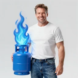 hank hill wearing bluejeans and white tshirt, the god of propane's blue flames, propane tanks, blue fire, biblical painting, magic realism, art by mike judge, art by josephine wall, art by huang guangjian, art by viktoria gavrilenko, art by amanda sage, trending on artstation