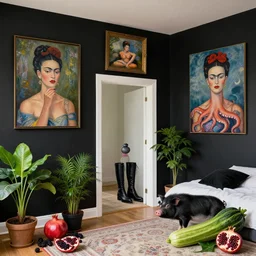 queer artist's bedroom with black walls and paintings, three, zero, emo artist eating blackberries, plants, a liminal doorway, zen, high black boots, pomegranate, a black pig, courgette, octopus, sensual surrealism, by monet and and kahlo and magritte
