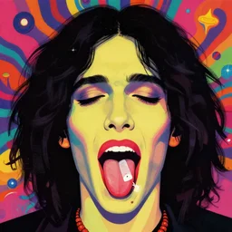 a colorful vibrant closeup portrait of Black Sabbath licking a tab of LSD acid on his tongue and dreaming psychedelic hallucinations, by kawase hasui, moebius, Edward Hopper and James Gilleard, Zdzislaw Beksinski, Steven Outram colorful flat surreal design, hd, 8k, artstation