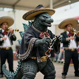 Godzilla wearing a poncho and hat, playing in a mariachi band, Leica, 35mm, 4k