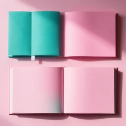 flatlay book collection, vivid colors, dramatic lighting, pink and teal