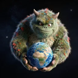 Monster holding earth in space, view from above,