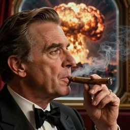 Mr. House, realistic, highly detailed face, looks at the nuclear explosion, from the window of the Lucky 38 Casino, holds a cigar in his hand, with five fingers, and smokes, ultra HD, artstation, photorealism, ultrarealistic, retro, 45mm, elegant,