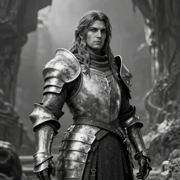 a vertical portrait of a character in a scenic environment by wayne barlowe, black and white, dreamy, armor, highly detailed, 3 d render, vray, octane, realistic lighting