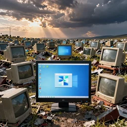 colorful bliss windows xp screensaver with many broken dilapidated old computers graveyard, wide angle lens