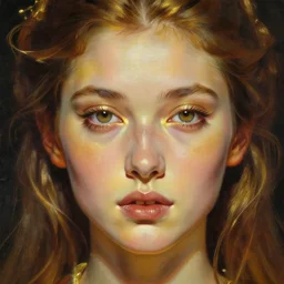 hyper realistic portrait painting of the golden goddess, hyper detailed face by stjepan sejic, norman rockwell, michael hussar, roberto ferri and ruan jia, john william waterhouse, godward, david kassan