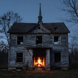 an abandoned inn in dnd at dusk with a fire in a fireplace