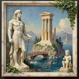 Atlantis zeus statue and hill valley grec greeble temple of olympus glory island  little wood bridge painting of tower  ivy plant   in marble incrusted  by William Didier-Pouget, cgsociety, fantasy art, matte painting, apocalypse landscape, unreal engine 5