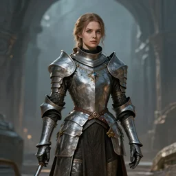 A female knight in a setting of Medieval Futurism, Retrofuturism, medieval, science fiction by JeeHyung lee, Anna Nikonova aka Newmilky, artstation,