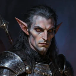 head and shoulders portrait of an eldrich knight, drow, dark elf, shadar kai, armored, magical, male, high fantasy, d & d, by frank frazetta, face details, extremely detailed, digital illustration