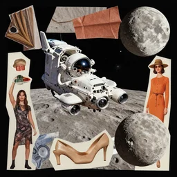A collage, made of random shapes cut from fashion magazines, of Space Travel, landing on the moon, mid-century modern.