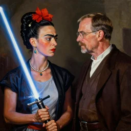 photo of frida kahlo having a conversation with walter white! dream breathtaking detailed concept art painting of a jedi dilma rousseff holding a lightsaber, by hsiao - ron cheng, exquisite detail, extremely moody lighting, 8 k