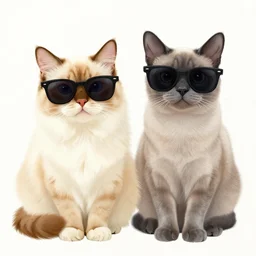 a detailed drawing of a light - orange colorpoint ragdoll cat and a grey colorpoint ragdoll cat, wearing sunglasses