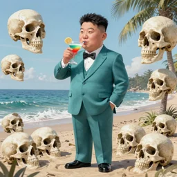 a detailed caricature of kim jong un drinking a cocktail on a beach made of human skulls, realistic, detailed, full body, teal suit, intricate, elegant, highly detailed, artstation, sharp focus, illustration, art by Artgerm, Makoto Shinkai, Ilya Kuvshinov, Lois Van Baarle, and Rossdraws