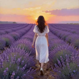 Behind woman in white dress crossing a lavender field in sunset, beautiful oil painting