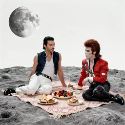 award winning photography of Freddy mercury and David bowie having a picnic on the moon