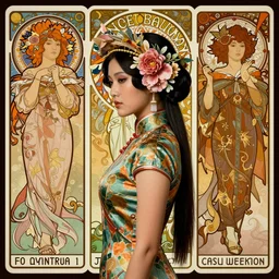 profile portrait of a beautiful mysterious chinese in cheongsam with flowery headgear, by eve ventrue, michael carson, andreas rochas, john watkiss, casey weldon, artgerm. art nouveau. tarot card by mucha. gloomhaven. swirly intricate linework background. gaudy colors, sharp edges. octane render