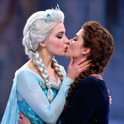 photograph of a real-life beautiful ice queen in ornate dress kissing a woman. 8k